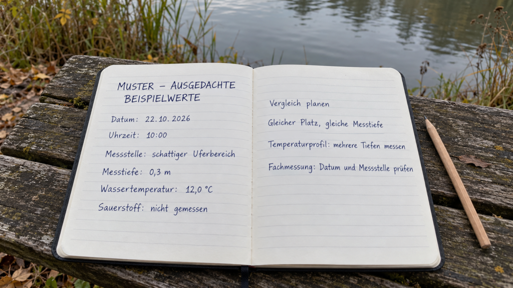 Beschriebenes Muster-Notizbuch mit erfundenen Temperaturwerten, Messstelle und Messtiefe