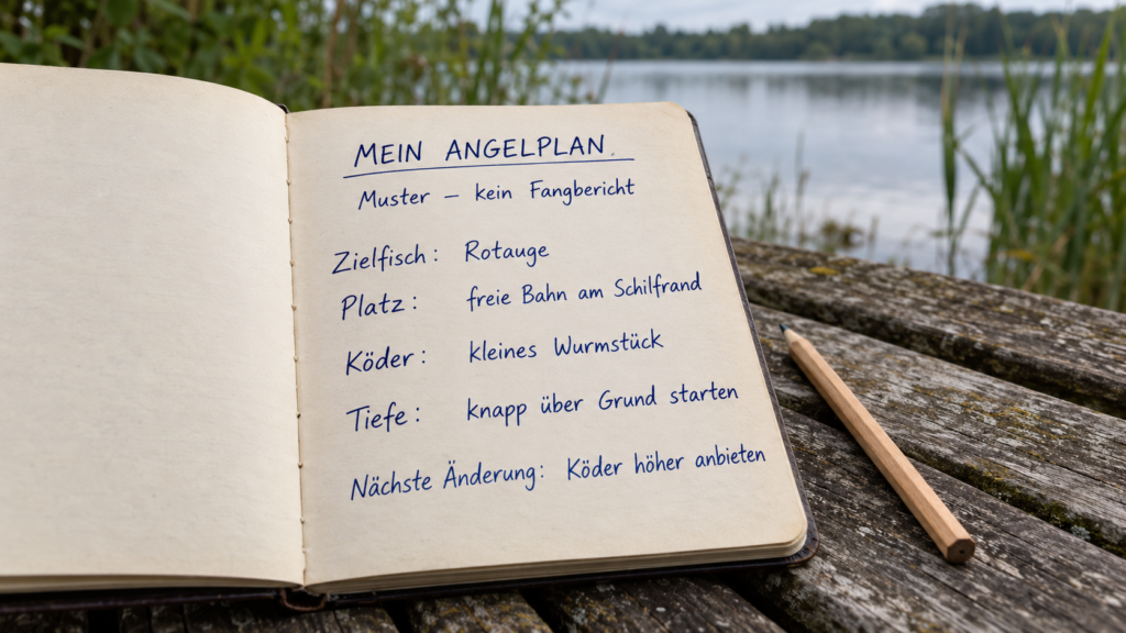 Notizbuch mit beschriftetem Musterangelplan für Rotauge: Platz, Köder, Starttiefe und nächste Änderung